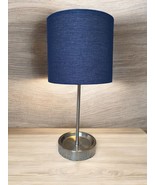 Brushed Steel Stick Lamp Navy Blue Shade with outlet on base 19&quot; - £23.57 GBP