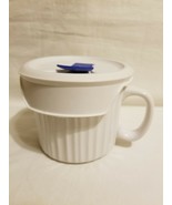 2 Corning Ware White Mug Stoneware Soup Cup Mug With Plastic Vented Lid EUC - $29.69