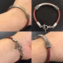 Mexico Sterling Silver ATI Wine Red Leather With Bali Accent 7.5” Bracelet - £55.95 GBP