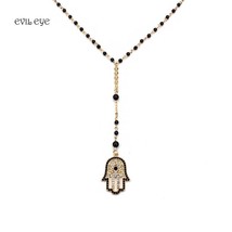 Fashion Black Beads Necklace Hamsa Charm With Lobster clasp Adjustable Necklace  - £12.62 GBP