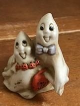 Estate Two White Dancing Ghosts Ghouls w Pumpkin Necklace &amp; Treat Bag Porcelain - £9.10 GBP