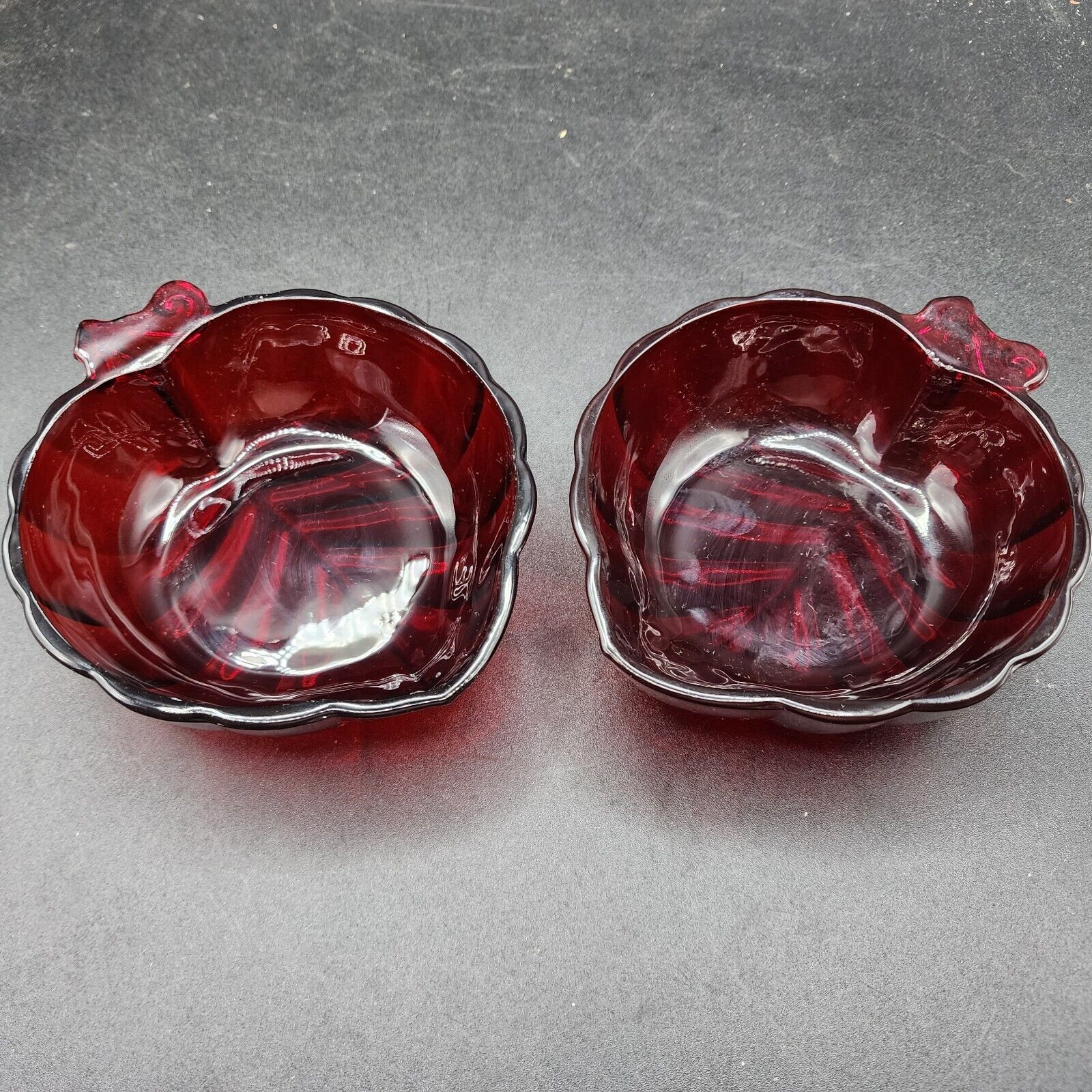 Primary image for Ruby Red Glass Bowls Royal Leaf Shaped Vintage Trinket Candy Dish - Pair Of 2