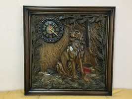 Dog Hunting Clock Wood Carving Picture Gun 3D Handmade Gift Panno Wall Decor - £163.97 GBP