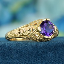 Natural Amethyst Vintage Style Filigree Ring in Solid 9K Yellow Gold - £359.64 GBP