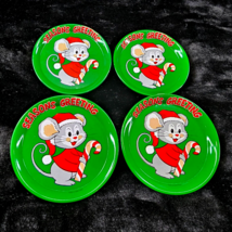 Christmas Tin Coasters Mouse Santa Hat Kitschy Anthromorphic 3.5&quot; Hong K... - £11.38 GBP