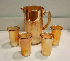 Vintage Iridescent Peach Ribbed Carnival Glass 1 Pitcher &amp; 4 Pc. Glass Set - £23.75 GBP