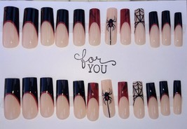 24pc Press on Nails Black Red French Tip Spider Web Halloween Long Length - £6.39 GBP