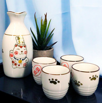 Japanese Maneki Neko Lucky Charm Cat Ceramic White Sake Set Flask With Four Cups - £18.37 GBP
