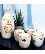 Japanese Maneki Neko Lucky Charm Cat Ceramic White Sake Set Flask With F... - £18.32 GBP