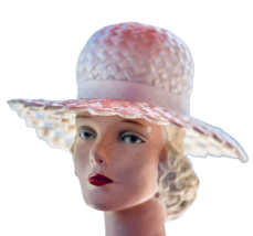 vtg retro Womens Hat Louise Straw Ivory Wide Open Weave Brim 1960s 21&quot; S... - $52.57