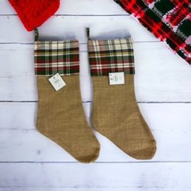 2 Green Red Plaid Burlap Christmas Stocking 19&quot; Holiday Rustic Country Cottage - £22.87 GBP