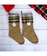 2 Green Red Plaid Burlap Christmas Stocking 19&quot; Holiday Rustic Country C... - £23.04 GBP
