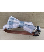 Pink Grey BOWTIE Plaid Dog Collar Bow Tie &amp; Leather Inner Buckle Dog Cat - $15.96 CAD