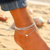Bohemian Silver Heart Multi Chain Anklet Ankle Bracelet - £11.15 GBP