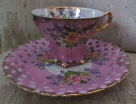 Vintage Royal Halsey Cup and Saucer set Pink Yellow Pink Flowers Coffee Tea - $18.49