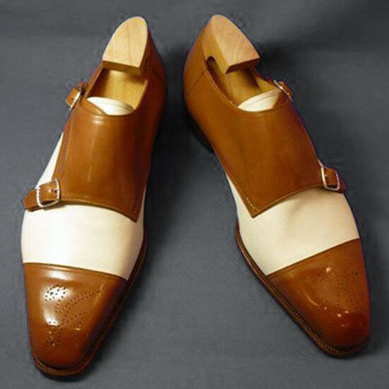 Two Tone Tan White Monk Double Buckle Strap Brogue Cap Toe Leather Shoes US 7-16