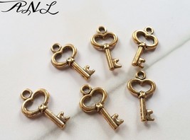 50 Skeleton Key Charms Antiqued Gold Heart Keys Miniature Tiny BULK Lot - $6.92