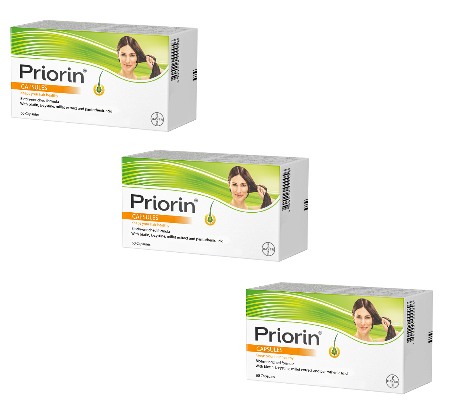 3 PACK Priorin nutritional supplement against hair loss 60 capsules, Bayer - $189.90
