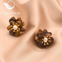 XlentAg Real Fresh Water  Natural Brown Stone Flower Stud Vintage Earrings For W - £18.42 GBP