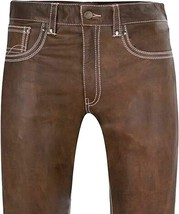 42&quot; Men&#39; Leather Jeans Pants Trouser 5 Pockets Cowhide Brown Wax White Stitching - £44.70 GBP