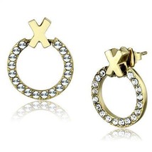 Gold Plated Stainless Steel Circle X Clear Crystal Earrings TK316 - £12.15 GBP
