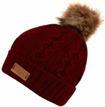 Solid Burgundy - Beanie Women&#39;s Winter Fleece Fuzzy Lined Knitted PomPom - £20.76 GBP