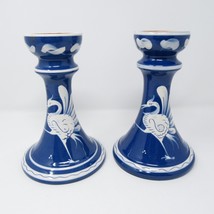 Bulle Dubuis Bosshard Peacock Pottery Hand Painted Candlestick Blue Pair... - £32.28 GBP