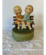 VINTAGE Boy &amp; Girl Figurine Sitting Holding Hands on Wooden Bench, Ceramic - $15.49 CAD
