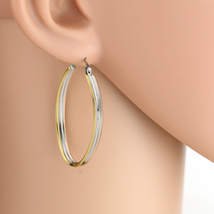 Oval Tricolor Silver, Gold &amp; Rose Tone Hoop Earrings- United Elegance - $23.99