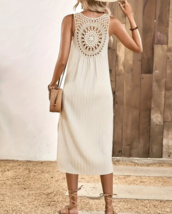 Summer Beige Beach Cover Up Size Large Dress Women&#39;s Crochet Midi Vacation - £22.77 GBP