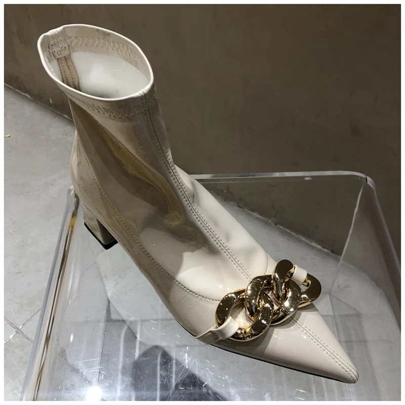Lun 2022 new brand women ankle boots fashion gold chain pointed toe short boots slip on thumb200