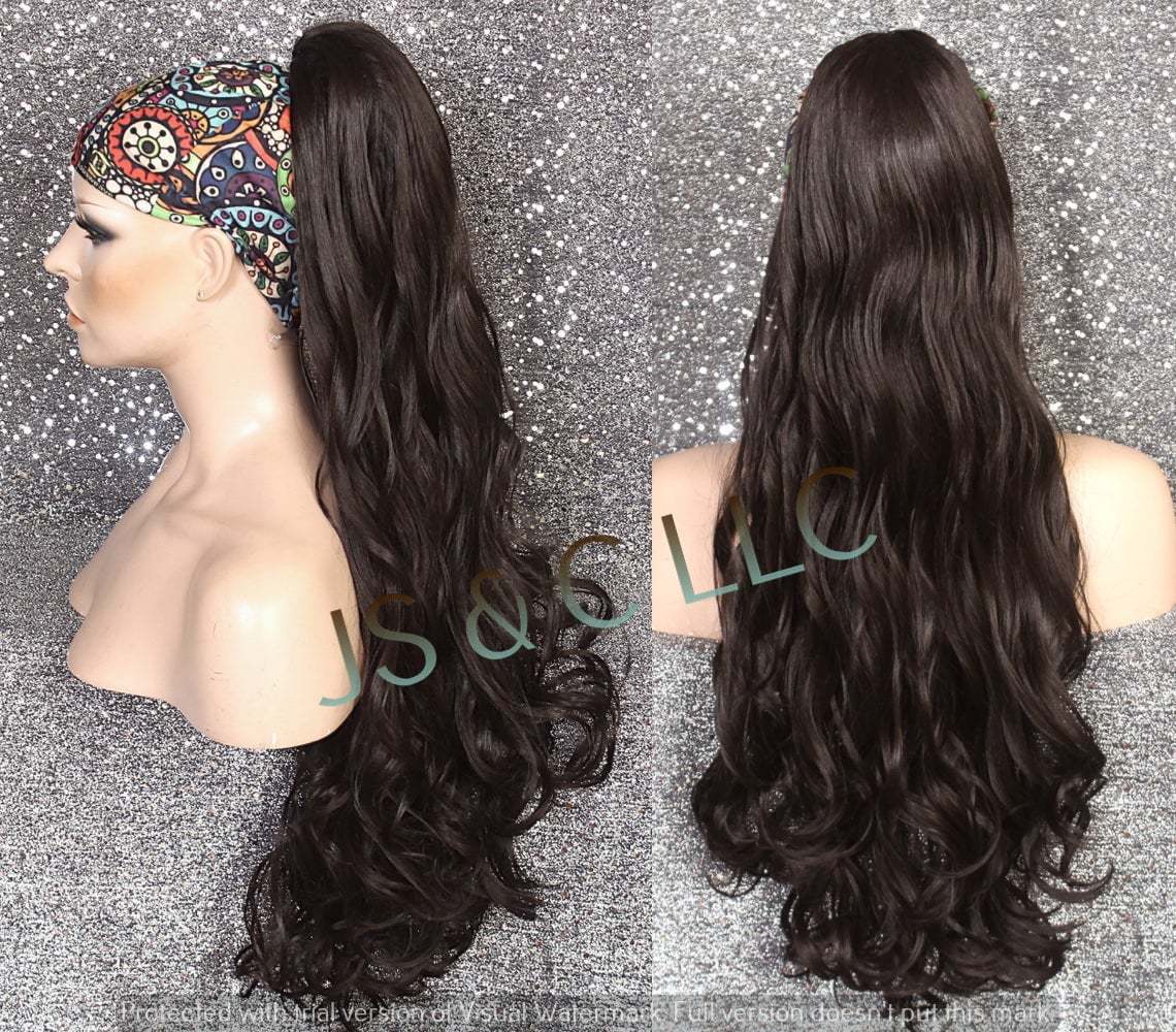 Dark Brown Human Hair Blend PONYTAIL Hair piece Drawstring ex long wavy/... - $45.95