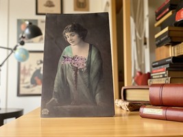 Antique Hand Colored RPPC Postcard Serene Lady Purple Flowers Denmark 19... - $12.78