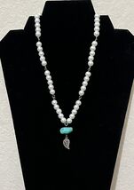 Faux Pearl Bead Necklace With Leaf Charm Artisan Handmade Beaded Necklace - $9.90