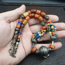 Antique Silver, Amber, Coral, Chevron, Agate, Roman Glass Beads Necklace - $533.50