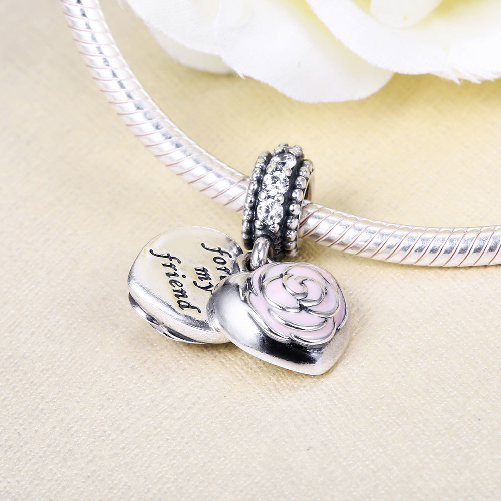 925 Sterling Silver Mother's Rose with Pink Enamel Dangle Charm Bead