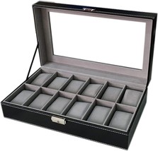 Wbpu12-03 Watch Dislpay Box Organizer, Pu Leather With Glass Top, Large, Black - £27.66 GBP