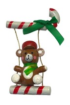 Teddy Bear Candy Cane Swing Christmas Tree Ornament Vintage Wooden 3.25&quot; Tall - £14.97 GBP