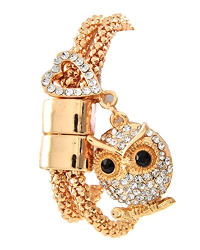 Rhinestone Owl Heart Charm Double Strand Gold Tone Metal Bracelet Magnetic Cl... - $24.99