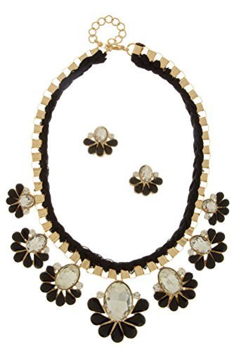 Black Acrylic Flower Woven Fashion Statement Necklace Set  - $32.99