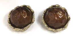 Vintage Clip On Earrings Round Chunky Lucite Brown Gold Tone - £14.34 GBP