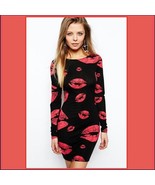 Hot Red Kiss Lips Black Body-hugging Stretch Long Sleeve Low Back Pencil... - £52.20 GBP