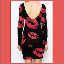 Hot Red Kiss Lips Black Body-hugging Stretch Long Sleeve Low Back Pencil Tunic image 2