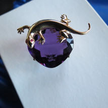 Huge Designer Flawless Natural 35.3 ct Amethyst 14k Gold Lizard pin brooch - £2,052.78 GBP