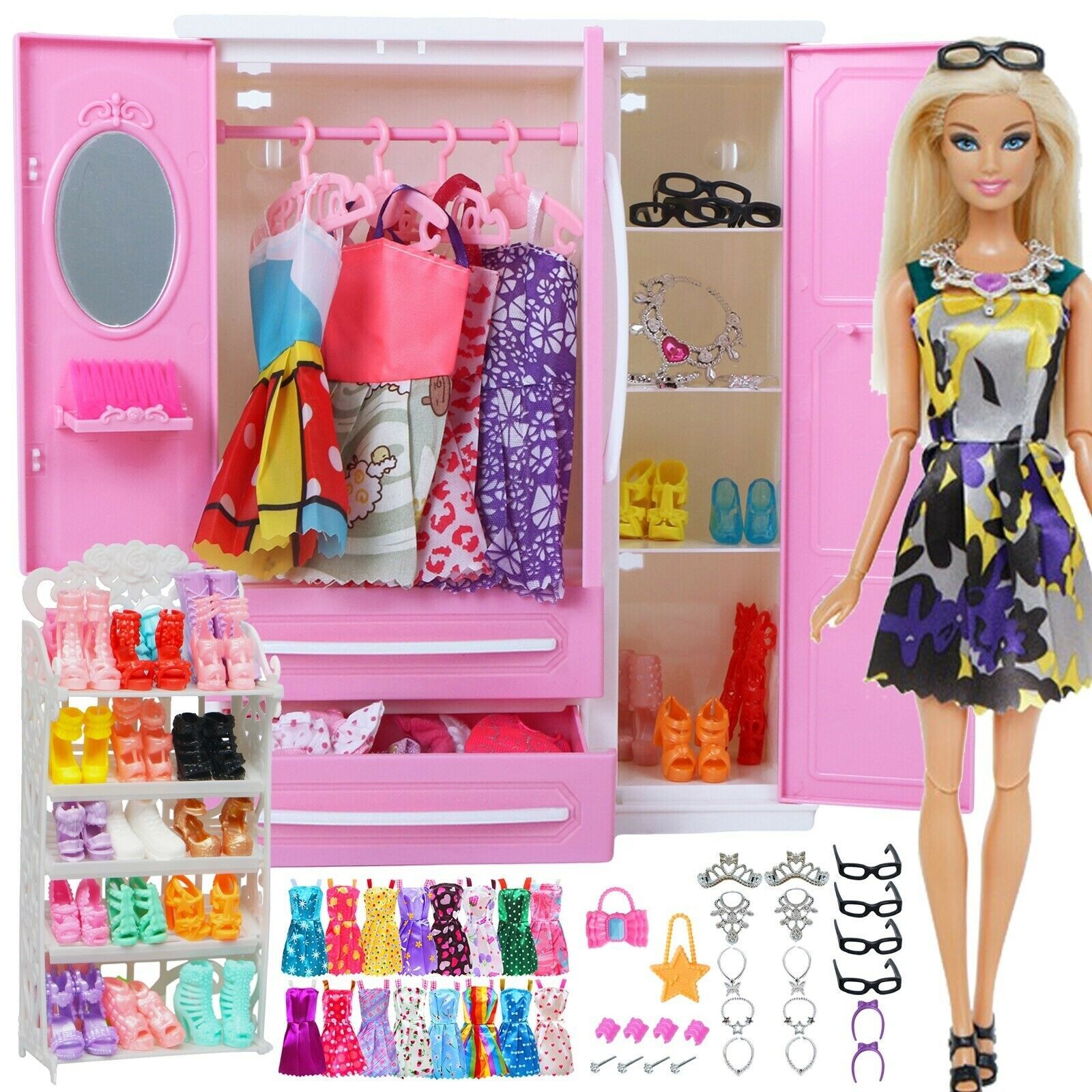 52 Clothes and Accessories for Barbie Doll Toy Pink Wardrobe Dress Gift Kids