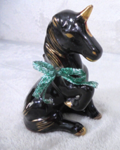 Vintage Unicorn with Green Bow Ceramic Figurine Black Gold Trim 5&quot; Tall MCM - $13.81
