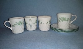 Corelle Callaway 4 Cup and Saucer Sets White Swirl Green Ivy Very Nice - $14.99
