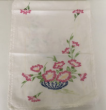 Hand embroidered pink flowers vintage table runner dresser scarf lace trim - $19.75