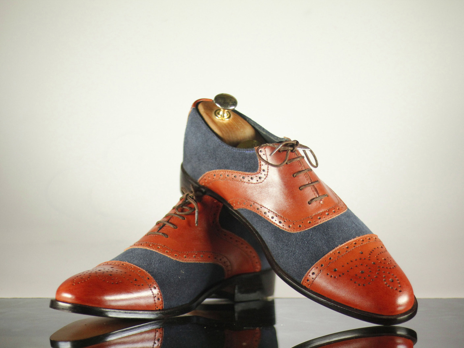 New Handmade Men Tan Navy Blue Leather Suede Cap Toe Brogue Lace Up Dress Shoes