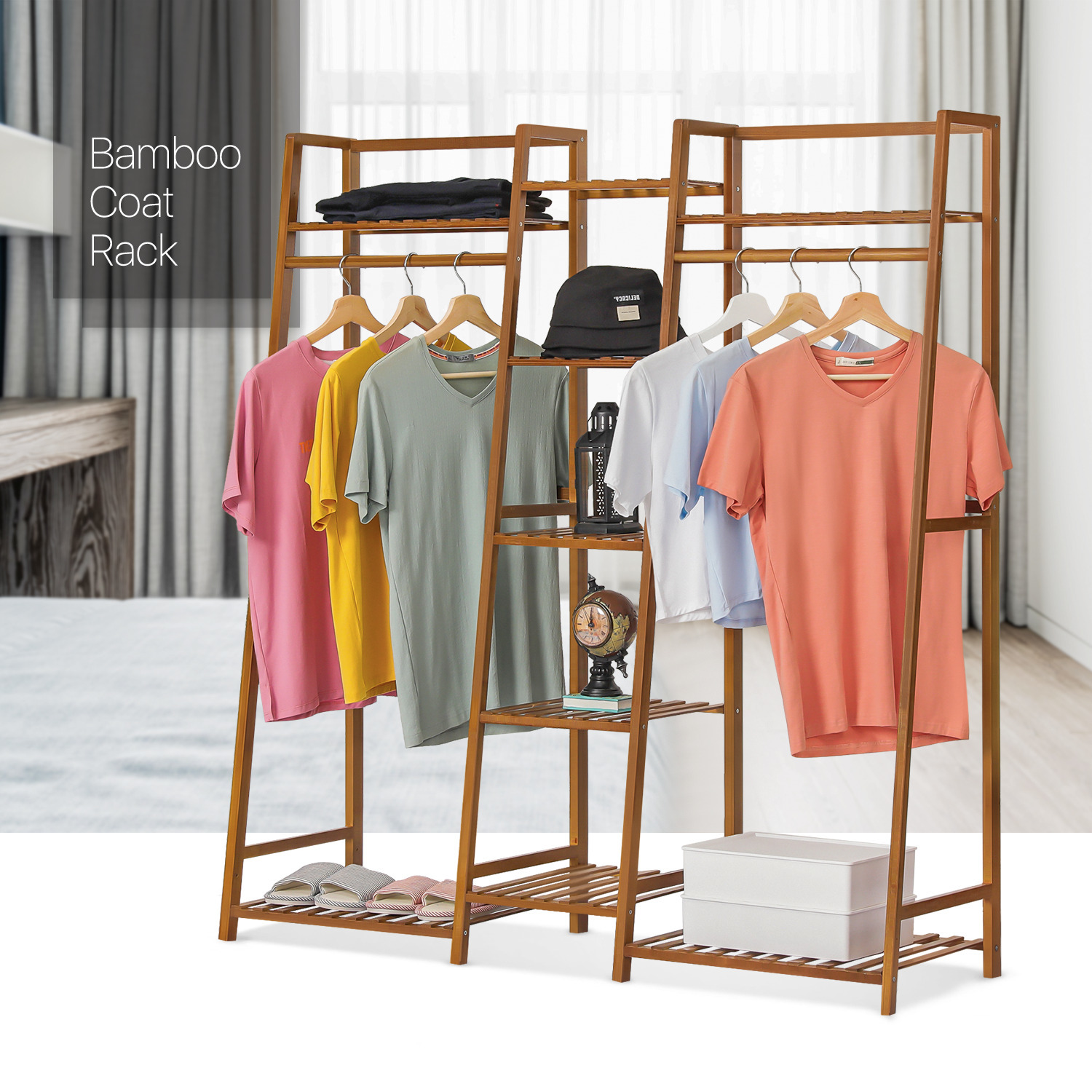 Primary image for Trapezoid 51" Brown Bamboo [Dual Clothes Hanging Rod] Garment Shelves Coat Rack